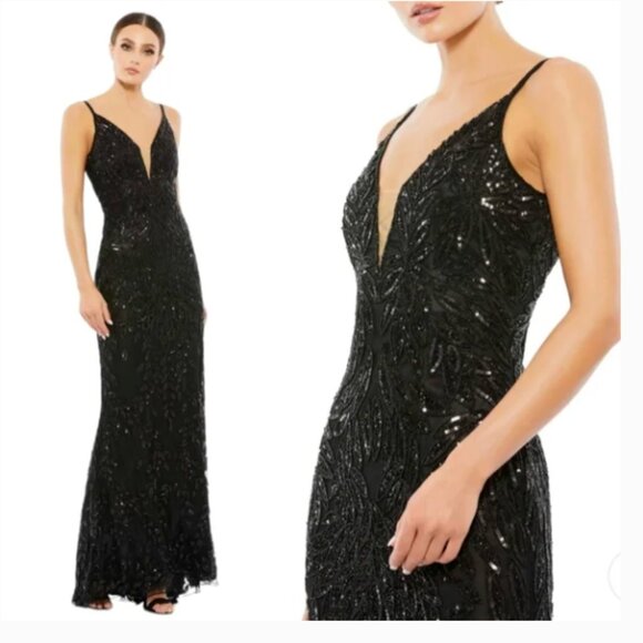 MAC DUGGAL 5107 EMBELLISHED LEAF EVENING BLACK GOWN sz 8 - Picture 1 of 3